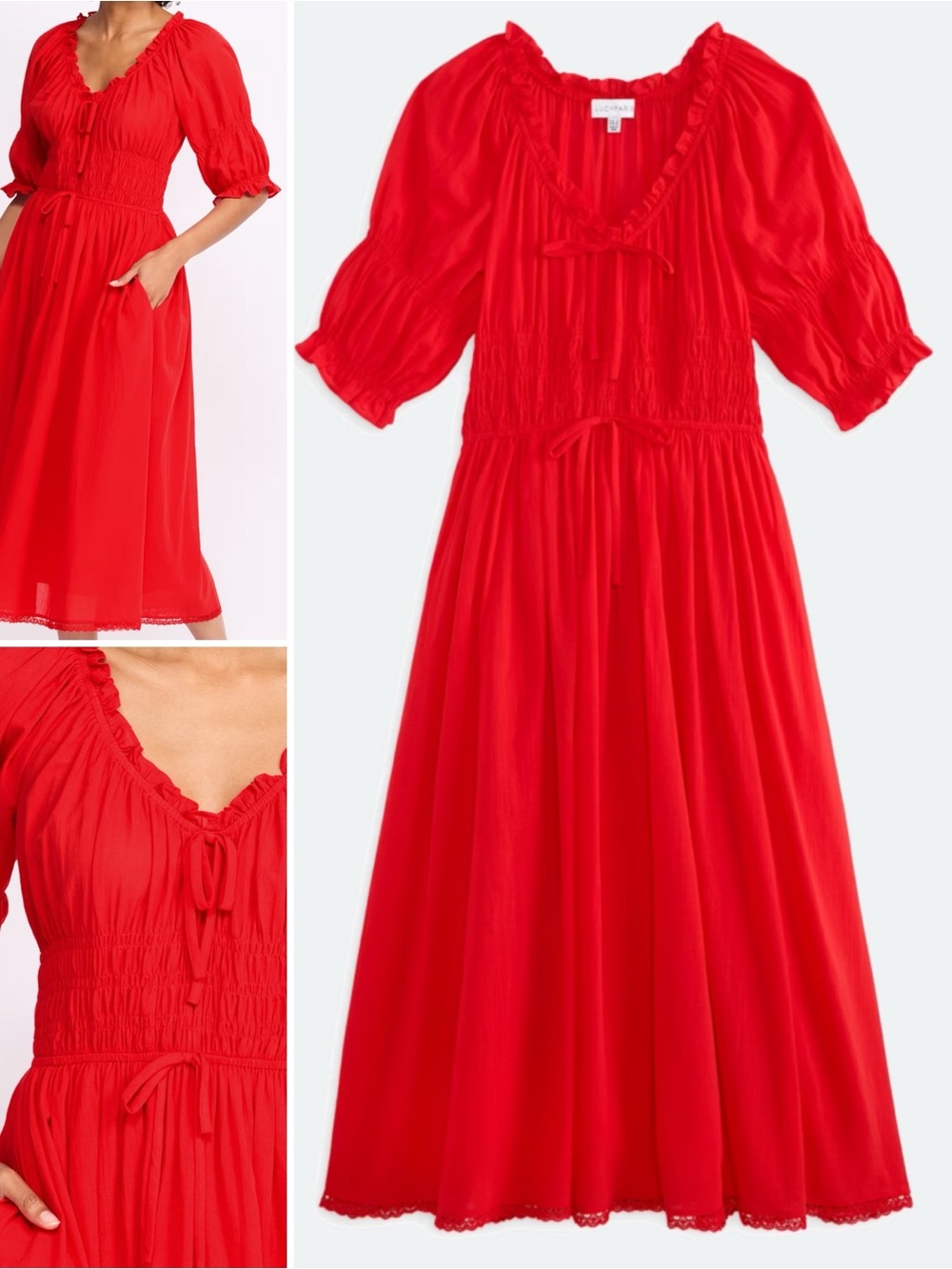LUCY PARIS Smocked Midi Dress in Red New with tags NWT Petite XS / XSP / PXS